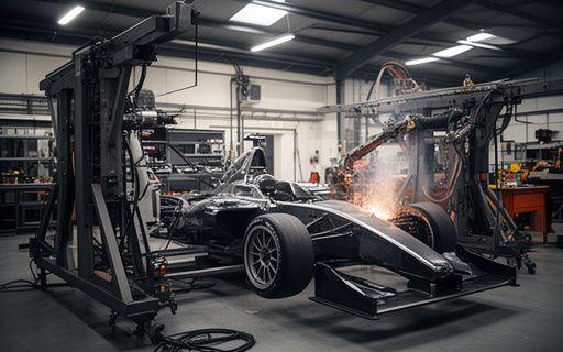 Custom race car undergoing fabrication in a Dublin motorsport engineering workshop with welding equipment and chassis jig visible